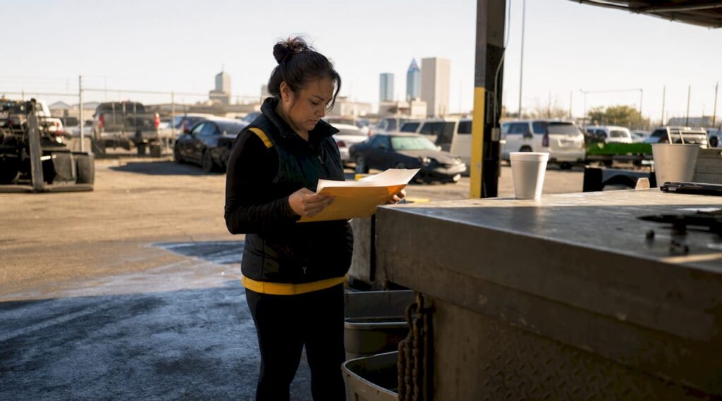 Woman reviewing vehicle release documents at office