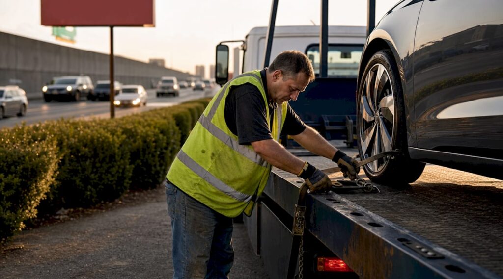 Tow truck operator securing SUV on flatbed