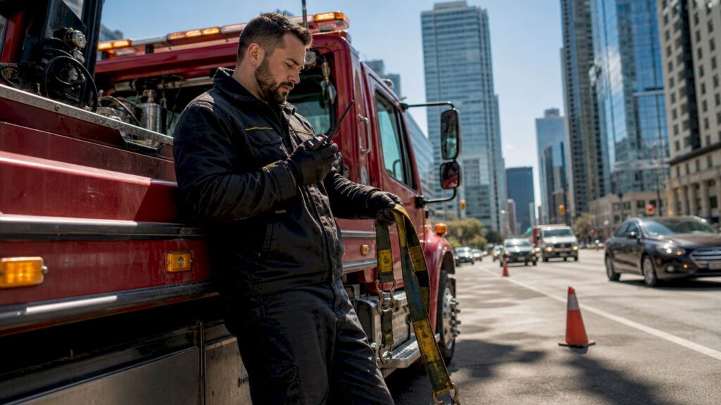 Operator inspecting heavy-duty tow truck at roadside