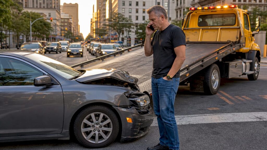 Damaged car with tow truck roadside scene